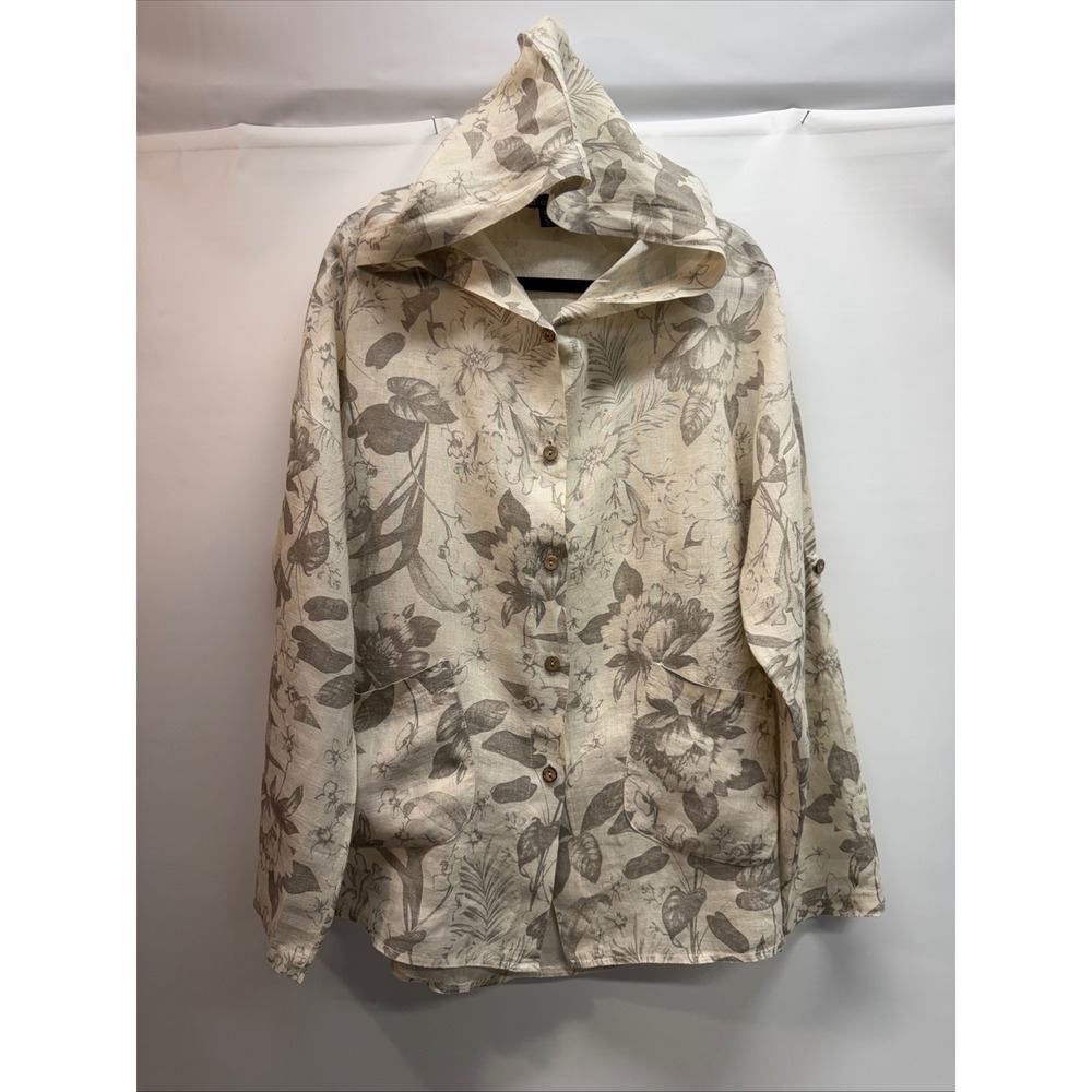 Carre Noir Womens Linen Floral Hooded Jacket Top Sz M Italy Cream Grey Artsy‎